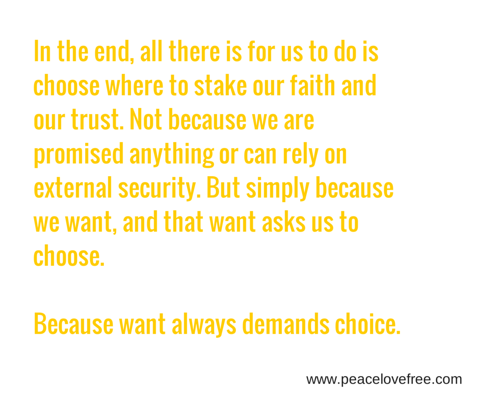 in the end, all there is for us to do is choose where to stake our faith and our trust. Not because we are promised anything or can rely on external security. But simply because we want, and that want asks us to choose. Because want always demands choice.